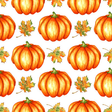 Watercolor illustration of a pattern of ripe orange pumpkin and maple leaves. Symbol of Thanksgiving or Halloween. Autumn season decoration. Garden harvesting concept. Isolated on a white background.