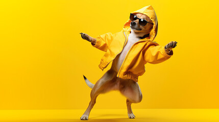 Dance moves. dog, hip hop dancer dancing isolated over yellow background with copy space. Inspiration, idea, street dance style. Surrealism, and. Contemporary artwork