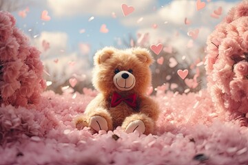 Fototapeta premium teddy bear with flowers and hearts in fluffy paws Teddy Bear with heart Valentines teddy bear