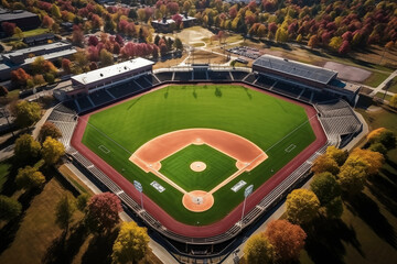 Aerial view of a university baseball field, drone view of baseball pitch, grass, greenery, nature...