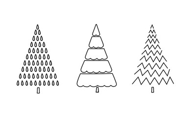 Christmas tree set simple hand drawn outline doodle vector illustration for wintertime happy holidays celebration lineart decor, greeting card, invitation, poster, Merry Christmas, Happy New Year