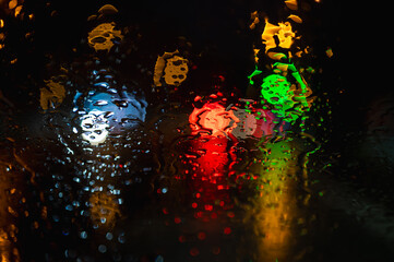 Water and rain drops on the glass, abstract view. night city bokeh