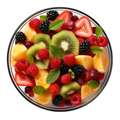 Top View of Fruit Salad Bowl Isolated on Transparent or White Background, PNG