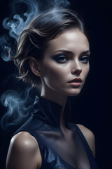 Fototapeta premium Detailed portrait of a fashionable model enveloped in haunting, midnight blue backdrop, shifting angles and perspectives to evoke surreal disorientation akin to Inception. AI generated