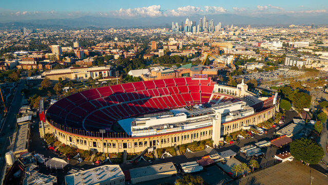 Los Angeles Memorial Coliseum, home to USC football, Olympics and other events, with Los Angeles skyline in the background