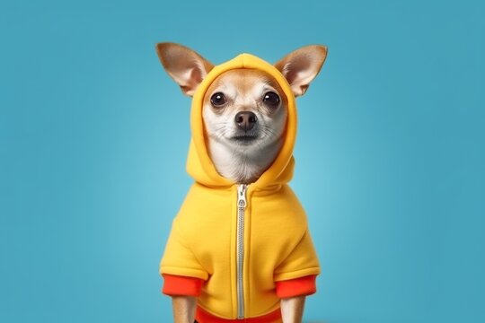 Very rich cute dog in bright clothes smiling proudly, concept of Fancy Furry
