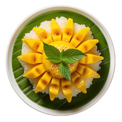Top View of Mango Sticky Rice Isolated on Transparent or White Background, PNG