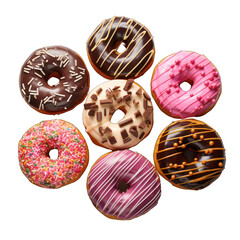 Assorted Doughnuts from Top View Isolated on Transparent or White Background, PNG