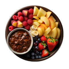 Top View of Chocolate Fondue with Fruits Isolated on Transparent or White Background, PNG
