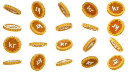 3D rendering of set of abstract Danish krone coins concept in different angles. Krone sign on golden coin isolated on transparent background