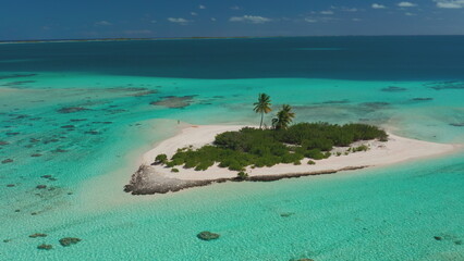 Wild tropical island sand beach, coral reef with turquoise water. Outdoor active lifestyle travel, summer holiday vacation. Beautiful exotic nature. Aerial drone shot