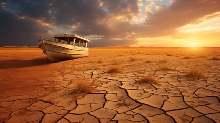 Obraz premium Boat floating on dry cracked parched lake and sea. Global warming concept and climate change