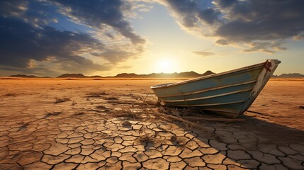 Boat floating on dry cracked parched lake and sea. Global warming concept and climate change