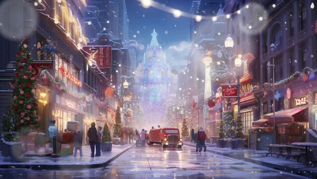 City Lights: A Bustling Street on Snowy Christmas Eve. Seamless Animation Video Background in 4K Resolution.