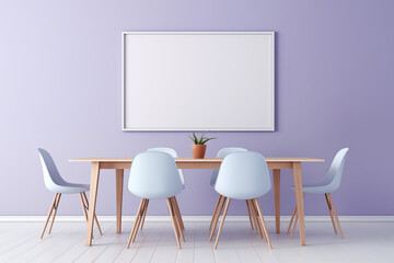 Modern minimalist dining room with lilac wall and mock up poster frame with copy space. Modern design and advertising concept. Generative AI.