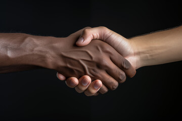 A dark-skinned man shakes hands with a light-skinned man. Business and friendship concept. Generative AI.