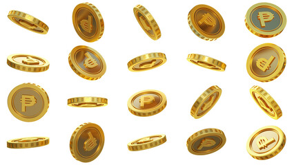3D rendering of set of abstract golden Cuban peso coins concept in different angles. Peso sign on golden coin isolated on transparent background