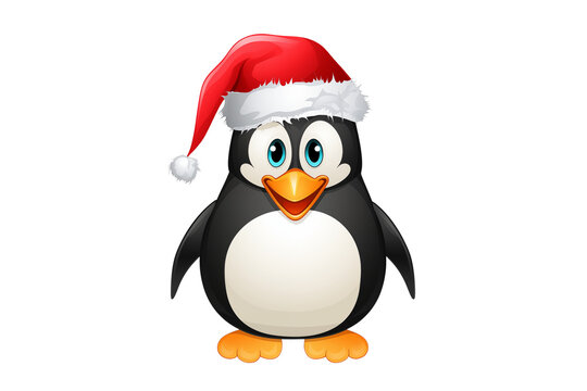 A cartoon penguin in a red Santa Claus hat isolated on transparent background. PNG file. Christmas and New Year celebration concept.