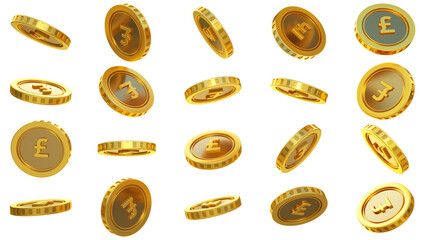 3D rendering of set of abstract golden British Pound coins concept in different angles. Pound sign on golden coin isolated on transparent background - obrazy, fototapety, plakaty