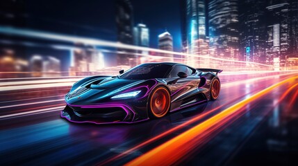 Speeding Sports Car On Neon Highway of the city. Powerful acceleration of a supercar on a night track with colorful lights and trails - obrazy, fototapety, plakaty