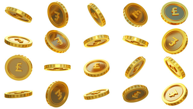 3D rendering of set of abstract golden British Pound coins concept in different angles. Pound sign on golden coin isolated on transparent background