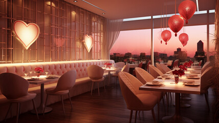 3d rendering of romantic dinner in a restaurant with red heart shape generativa IA