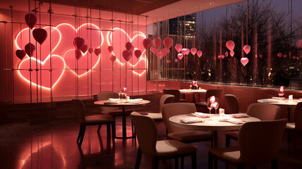 Valentine's Day romantic dinner in a restaurant with heart shaped lights generativa IA