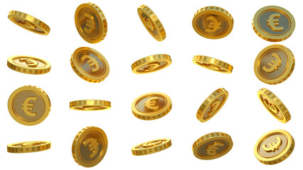 3D rendering of set of abstract golden Euro coins concept in different angles. Euro sign on golden coin isolated on transparent background