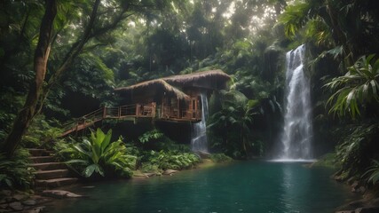 Fototapeta na wymiar Jungle House Landscape Background Very Cool