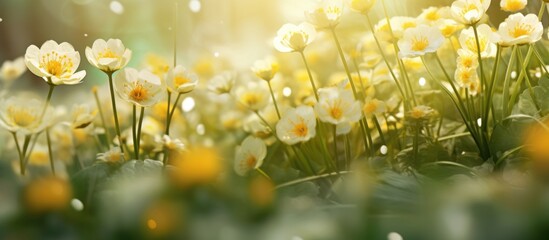 sunshine on easter flowers, empty abstract blurred spring background, - obrazy, fototapety, plakaty