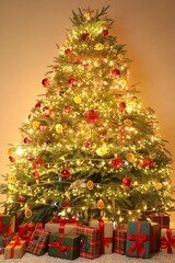 Many gift boxes under Christmas tree decorated with ornaments and festive lights in room