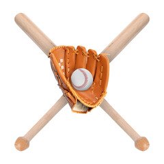 Baseball ball, pitcher and two crossed wooden bats isolated on white
