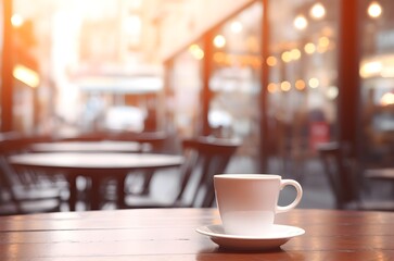 Cup of coffee on wooden table with bokeh cafe background. Blurred cafe background. Generative AI