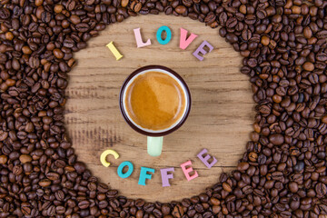 The inscription I love coffee on coffee beans