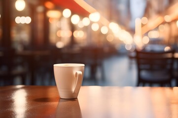 Cup of coffee on wooden table with bokeh cafe background. Blurred cafe background. Generative AI