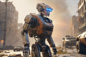 Cinematic scene of a post-apocalyptic Earth invaded by robots. A realistic and detailed scene