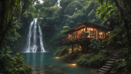 Fototapeta na wymiar Jungle House Landscape Background Very Cool