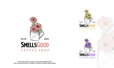 Hand drawn coffee cup logo with beautiful Flower, Smells Good Coffee cafe logo template