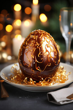 A fancy gold decorated chocolate egg on a plate. Generative AI. 