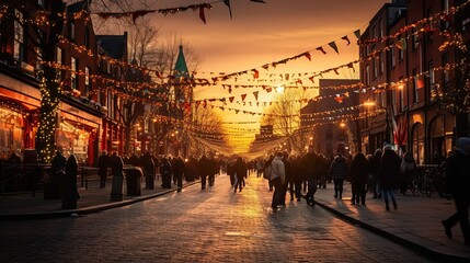 Obraz premium Sunset on Dublin Street for St. Patrick's Day