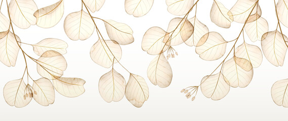 Abstract luxury art background with leaves on a branch in transparent watercolor style. Botanical banner for decoration, print, textile, wallpaper, interior design, poster