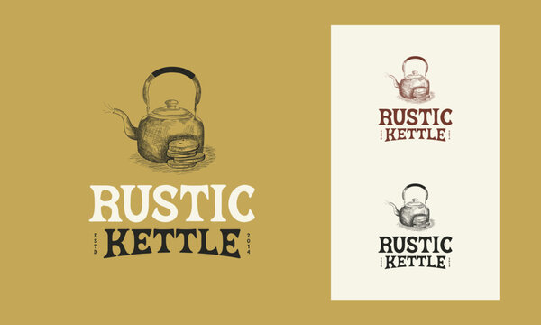 Rustic kettle with Bread hand drawn vintage logo vector