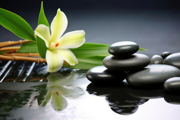 Fototapeta na wymiar Wellness green balance therapy flower stones background pebble relaxation nature spa zen black