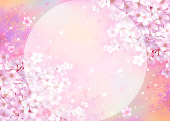 桜の背景素材　桜吹雪　円形の枠　和風　お花見　入学　卒業　入園　卒園　入社　ひな祭り　雛祭り