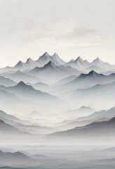 An ethereal illustration a foggy mountain landscape. Ideal for digital backgrounds, scenic, abstract landscape.