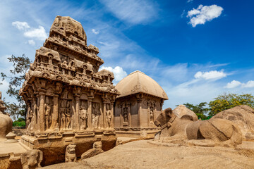 Five Rathas - ancient Hindu monolithic Indian rock-cut architecture. Mahabalipuram, Tamil Nadu,...