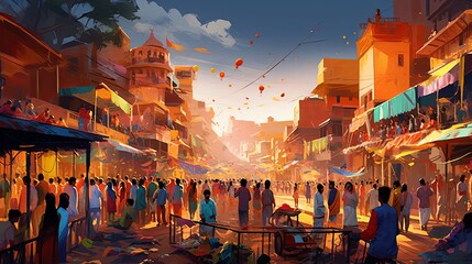 Vibrant Holi Market Scene