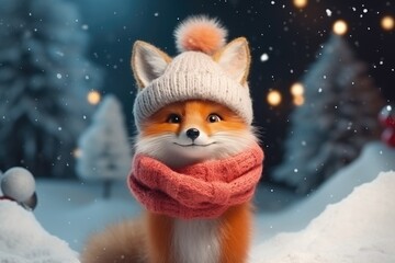 Cute happy fox in winter wearing christmas and warm cloth comeliness