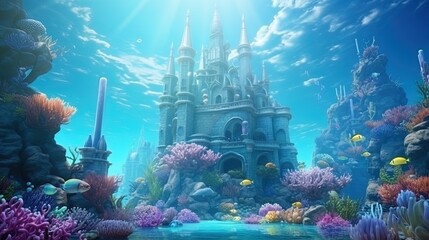 Castle in the underwater kingdom with arches of shells - obrazy, fototapety, plakaty