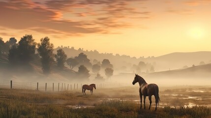 Horses in the morning fog on the pasture